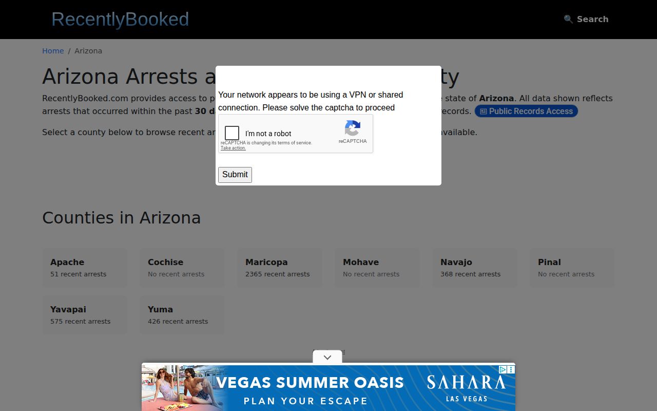 RecentlyBooked Arizona index showing no Gila County mugshot section