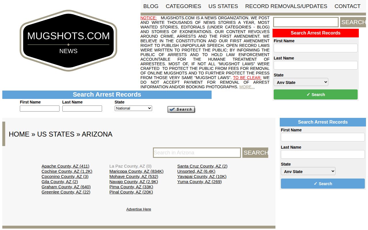 Mugshots.com Arizona index with sparse historical Gila County mugshot coverage