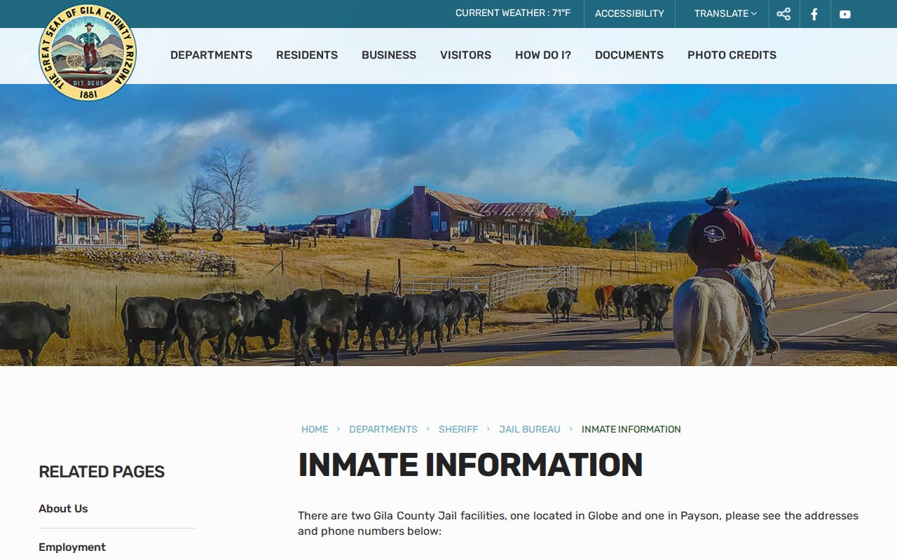Gila County jail inmate information contacts for booking and custody records